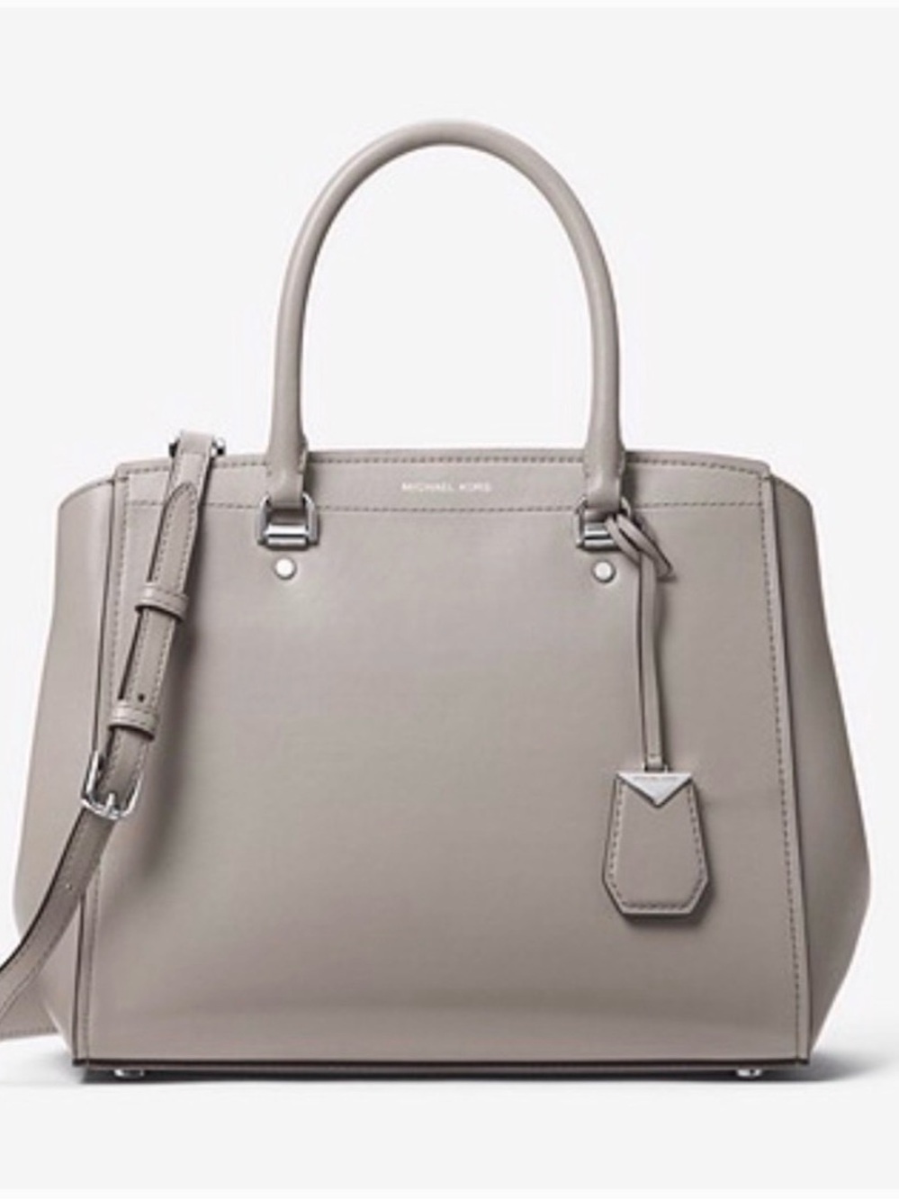 MICHAEL KORS BENNING GRAY LARGE LEATHER SATCHEL WITH SILVER HARDWARE